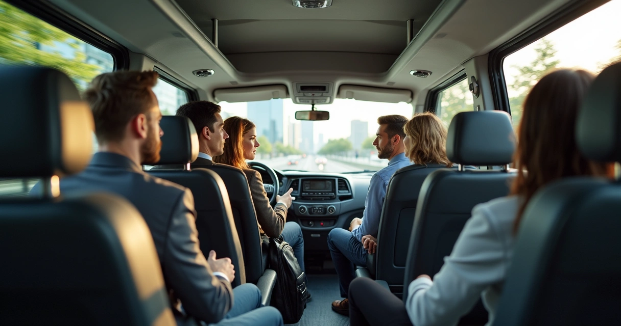 Colaboradores juntos viajando de van rumo ao trabalho 