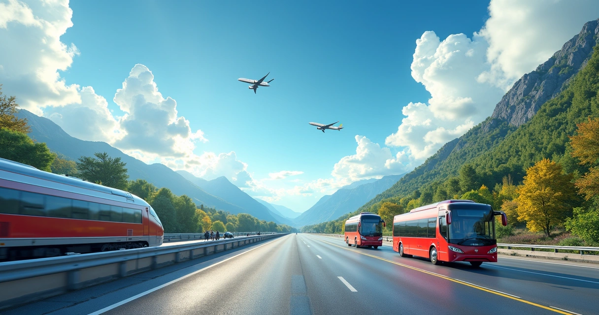 Diversos meios de transporte para viagens longas, incluindo ônibus, trem, avião e carro em estrada panorâmica 