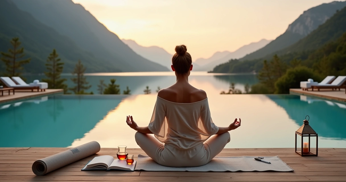 Mulher relaxando em deck de madeira com vista para montanhas e lago ao pôr do sol 