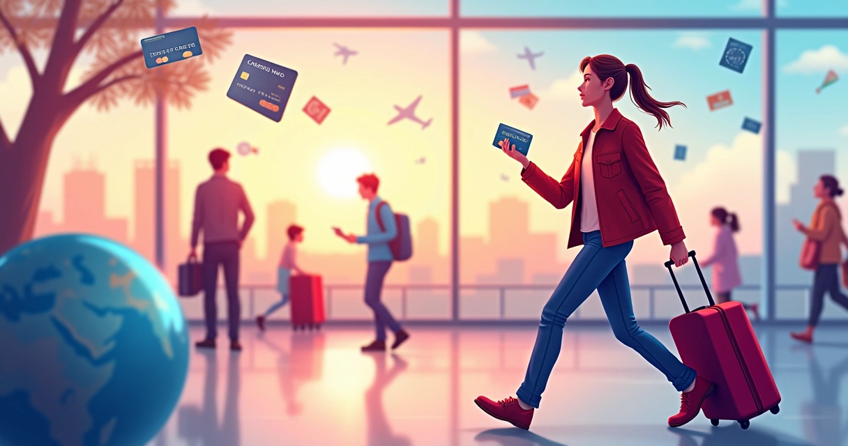 Ilustração de um viajante em um aeroporto com um cartão de crédito e uma mala, cercado por símbolos de viagem.