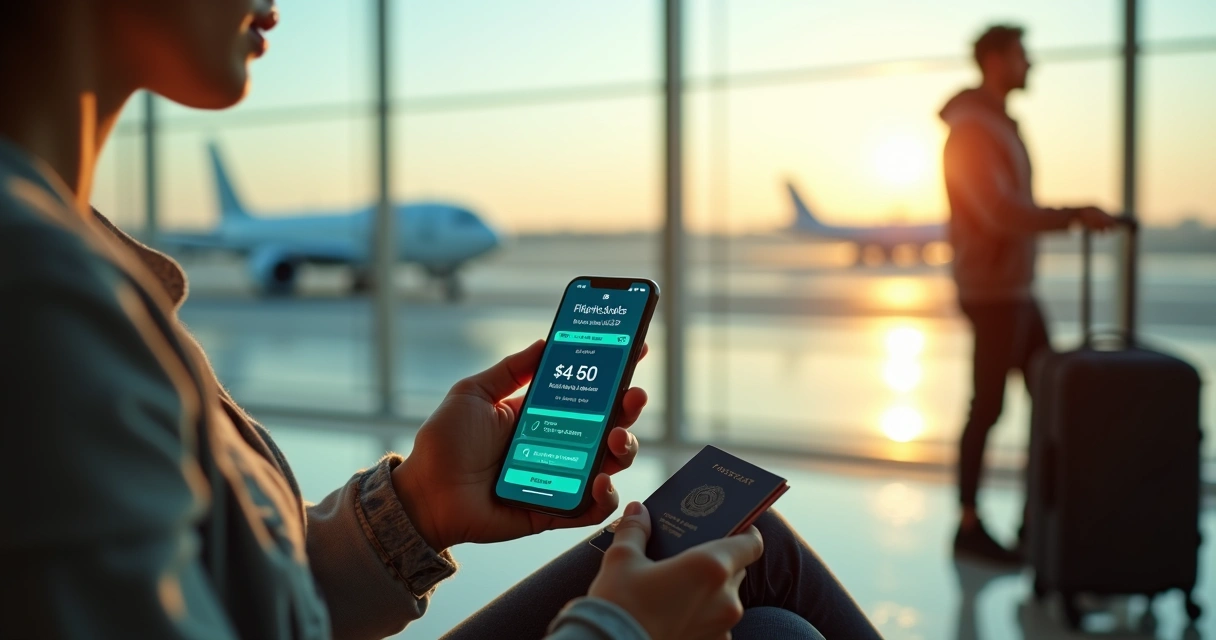 Pessoa verificando promoções relâmpago de voos no app no aeroporto 