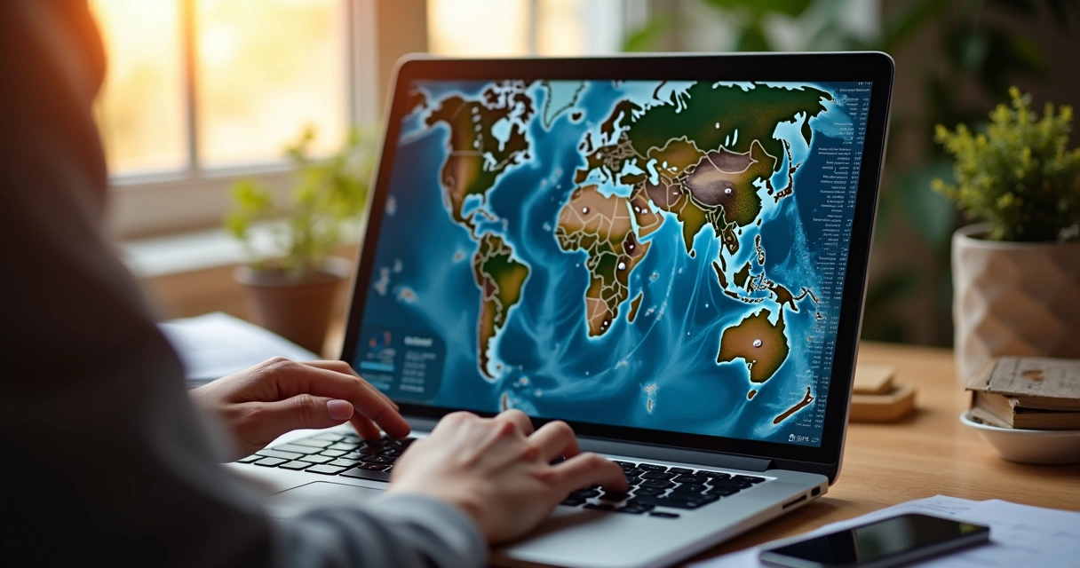 Pessoa usando notebook para planejar viagem, tabela de preços e mapas ao fundo 