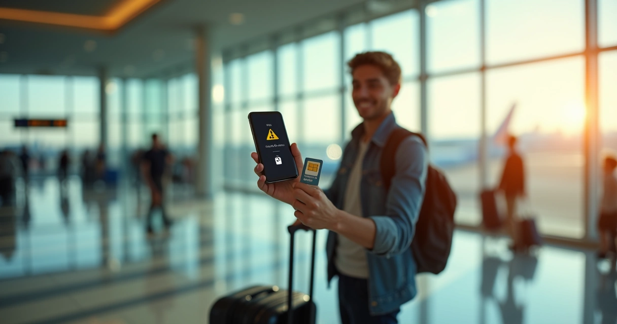 Viajante segurando celular com chip internacional instalado em aeroporto 