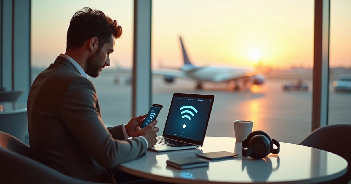 Pessoa usando notebook e smartphone conectados em saguão de aeroporto moderno 