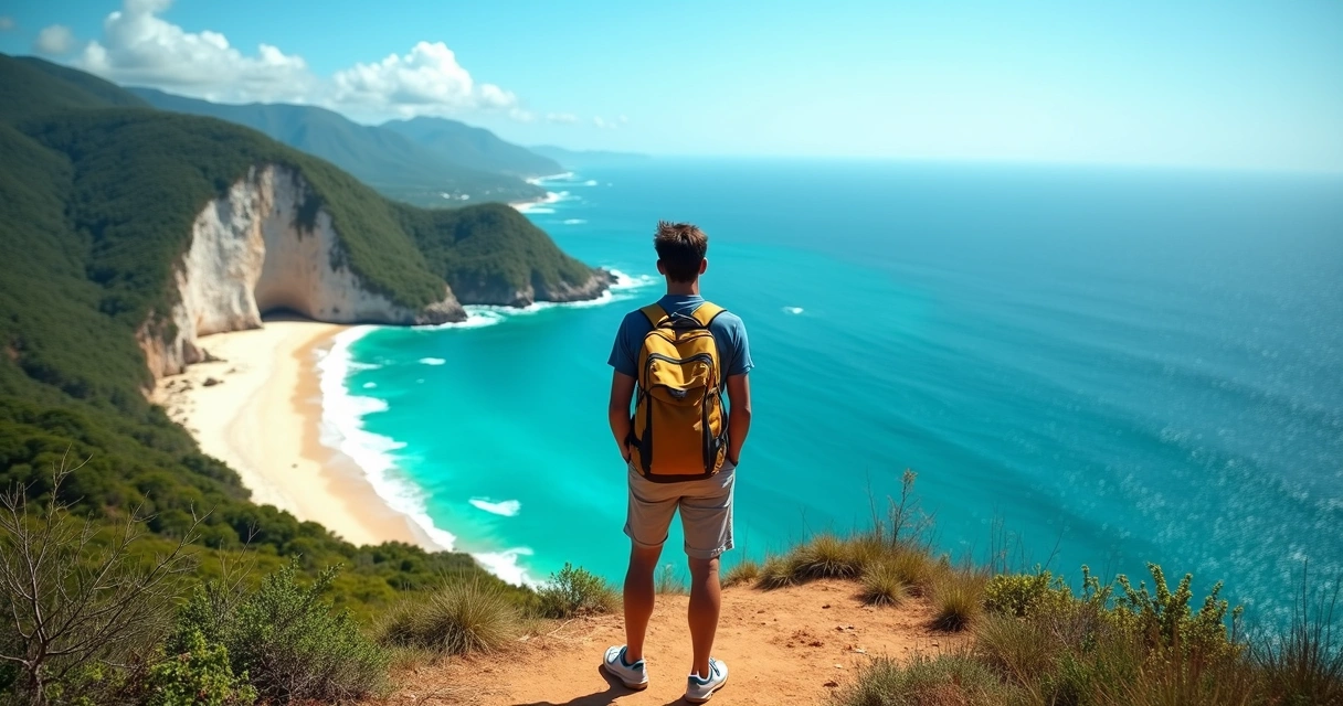 Pessoa de costas olhando para o mar azul com mochila de viagem 