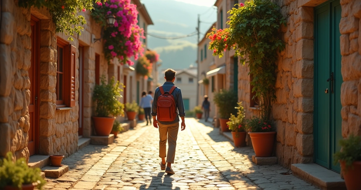 Viajante caminhando sozinho em vila charmosa pouco turística ao pôr do sol 