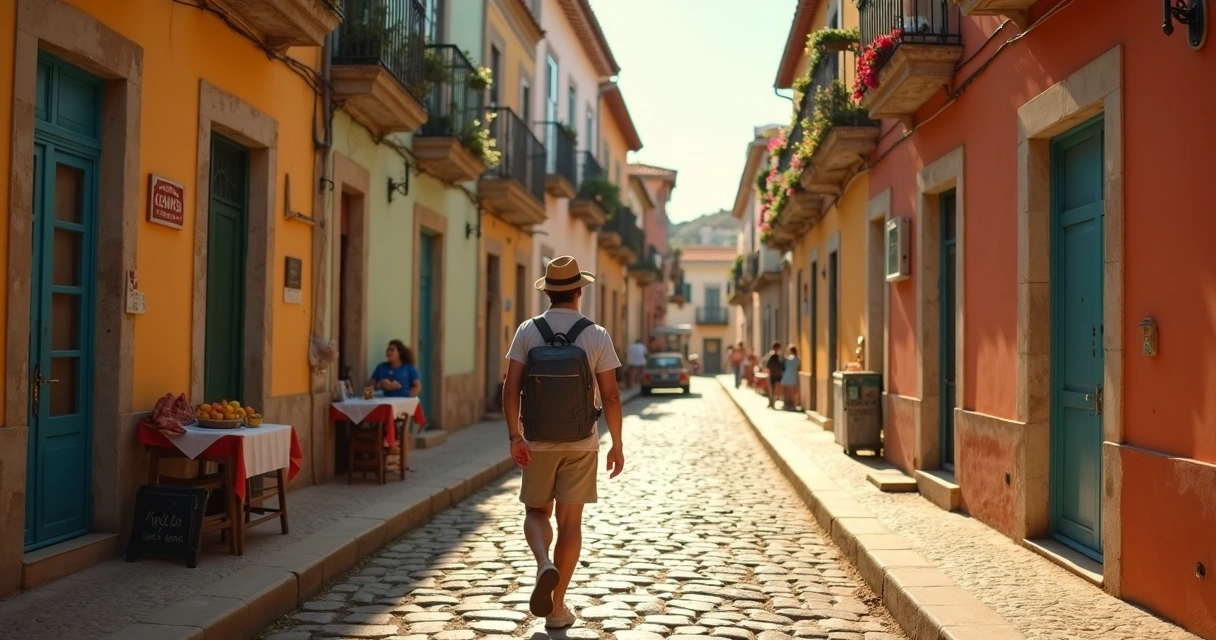 Viajante caminhando por vila colorida fora dos roteiros tradicionais 
