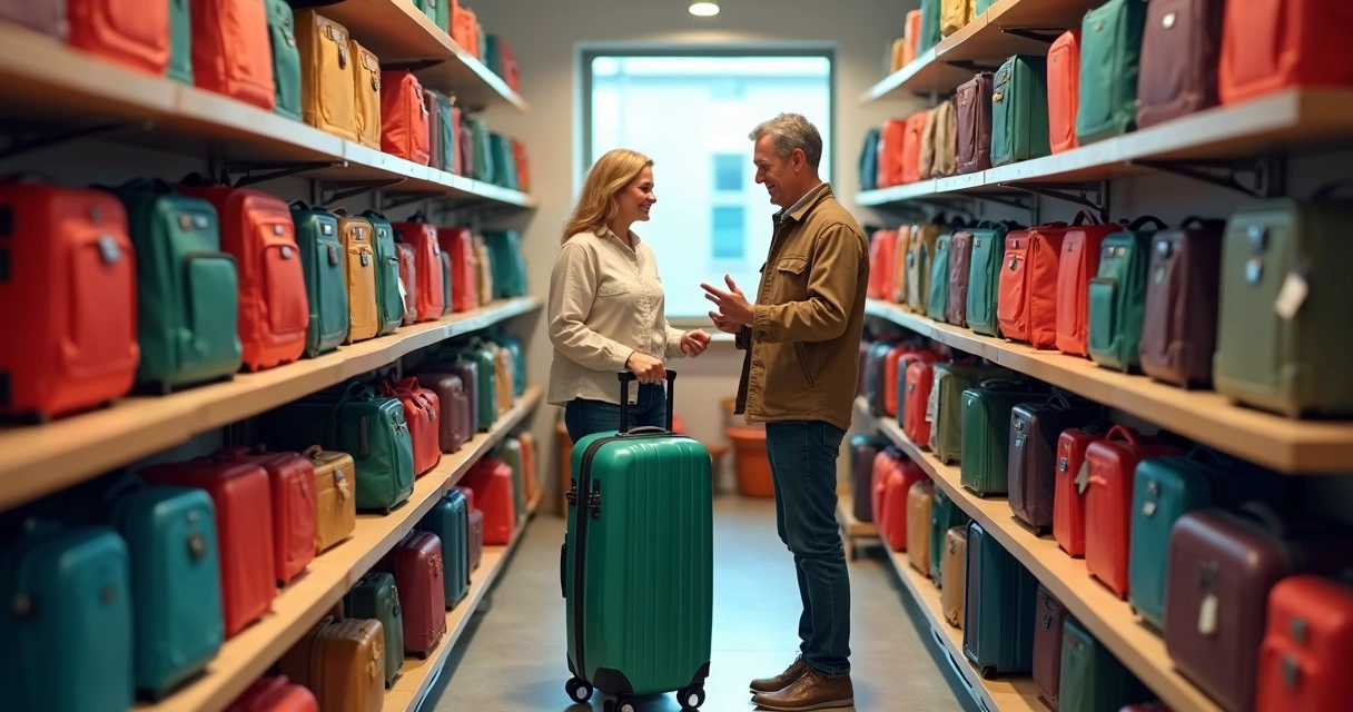 Pessoa escolhendo mala em loja de viagem 