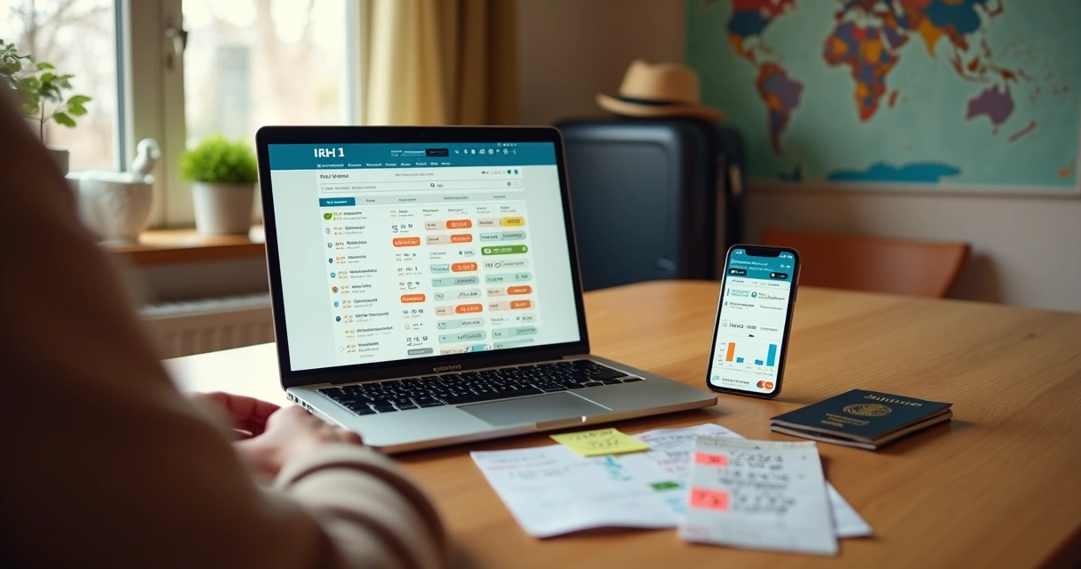 Viajante organizando passagens aéreas baratas em laptop com gráficos de preços 