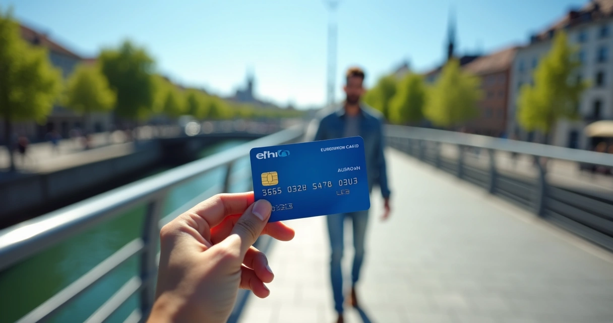 Viajante caminhando em ponte moderna segura com cartão de saúde europeu na mão 