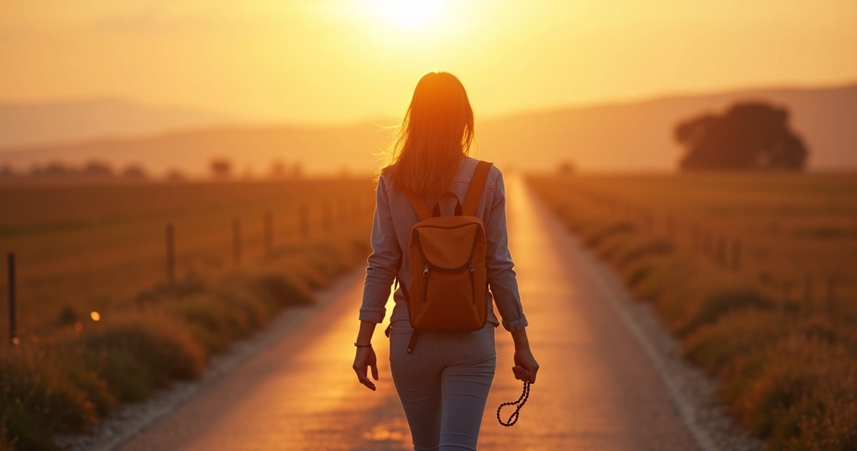 Pessoa caminhando protegida em estrada ao pôr do sol 