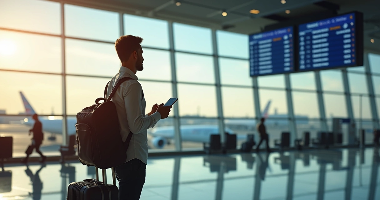 Pessoa com mala em aeroporto moderno conferindo passagens aéreas enquanto aguarda voo 