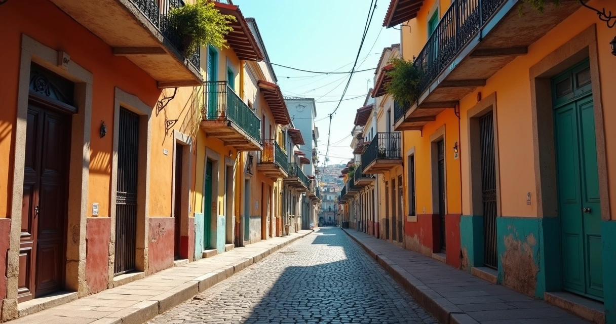 Viajante solo caminhando por rua estreita de cidade histórica com arquitetura antiga e placas coloridas 