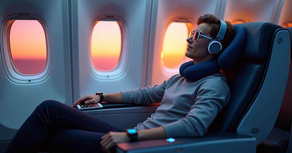 Viajante em assento de avião usando dispositivos de tecnologia vestível para conforto em voo longo 