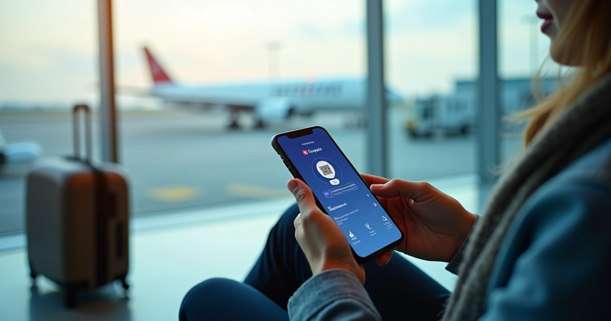 Viajante segurando celular com app de pré-registro europeu aberto 