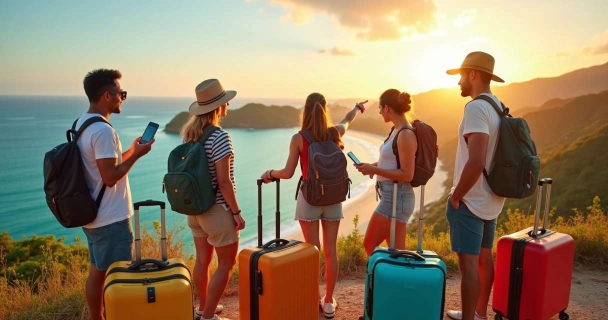 Viajantes em mirante tropical 