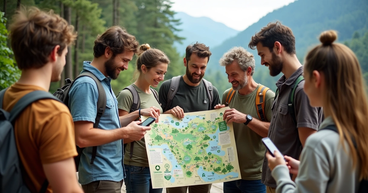 Grupo diversificado de viajantes olhando para um mapa ecológico 
