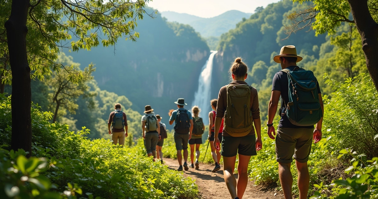 Viajantes caminhando por uma trilha em destino brasileiro 