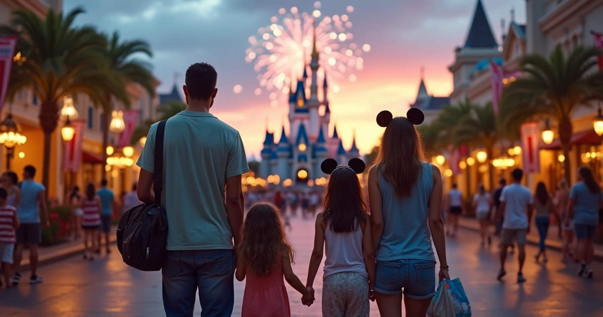 Família brasileira olhando castelo da Disney com fogos em Orlando ao entardecer 