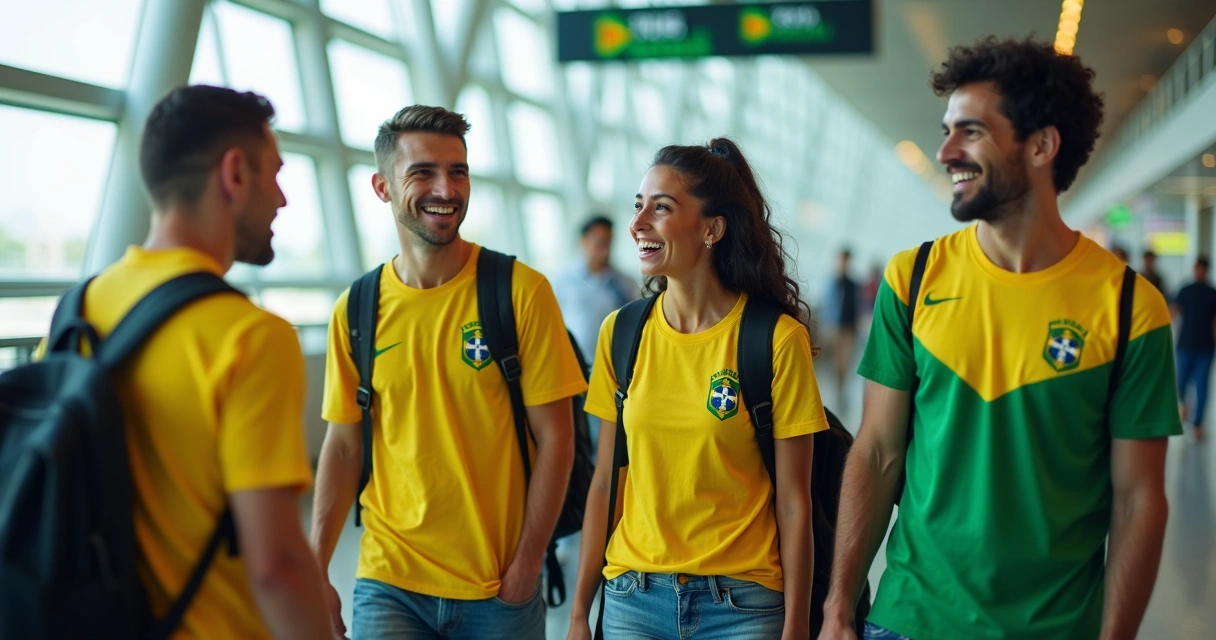 Turistas brasileiros usando camisetas personalizadas da Copa no aeroporto