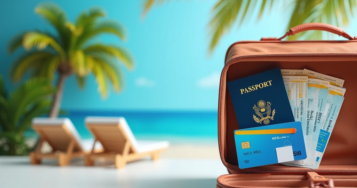 Mala, passaportes e milhas aéreas prontas para viagem a resort 