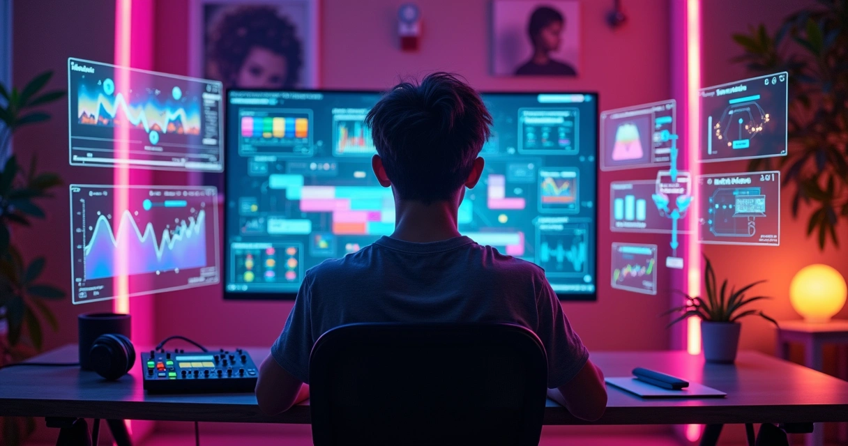Desenvolvedor em estúdio colorido controla painéis flutuantes com IA e automação 