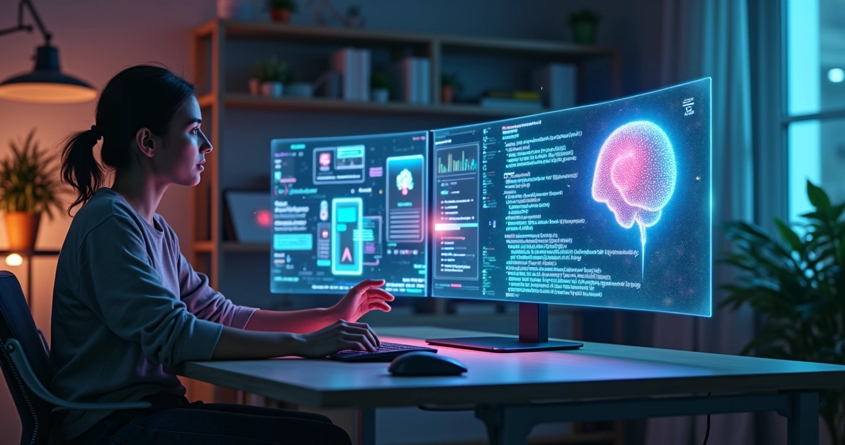 Pessoa em escritório criativo guiando interface 3D enquanto IA gera código e telas de app 