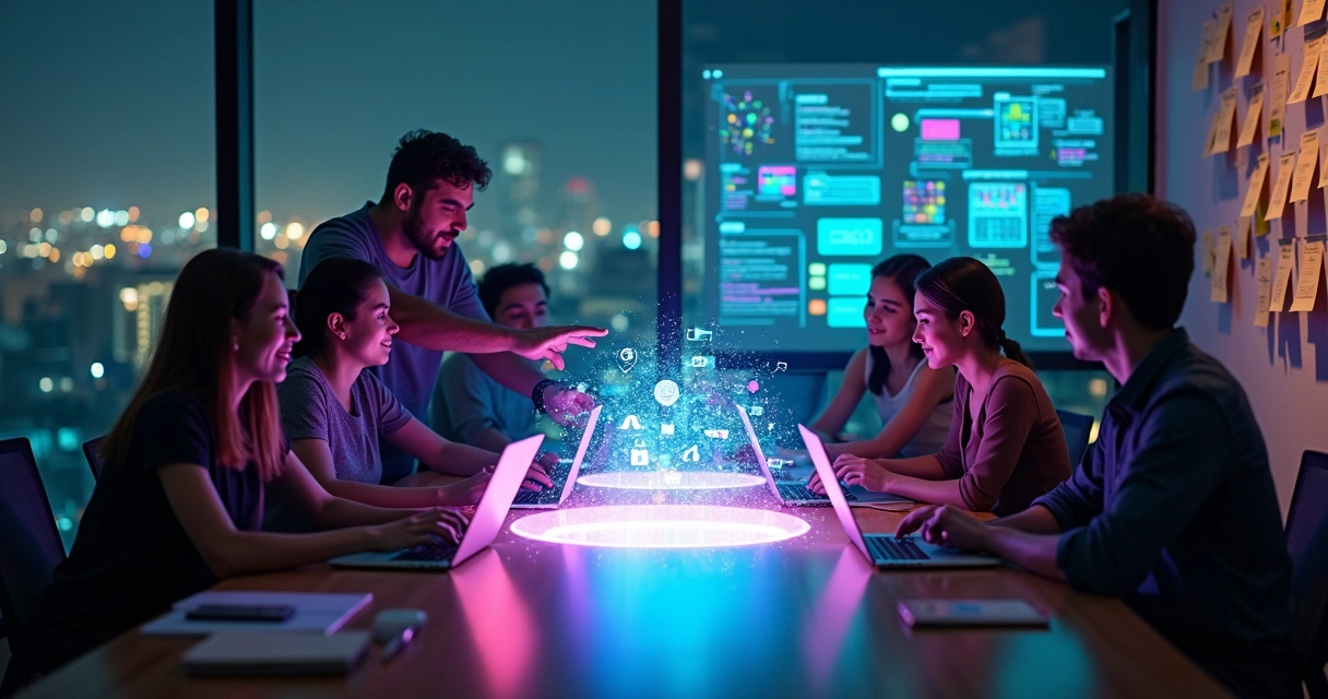 Time de startup colaborando em mesa com códigos e grafismos coloridos 