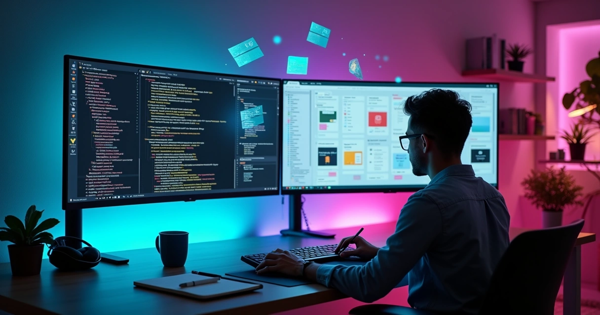 Tela dividida mostrando lado de código e lado de design em um estúdio moderno 