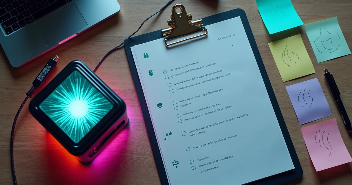 Colorful desk scene with digital safety checklist beside abstract vibration-themed device 