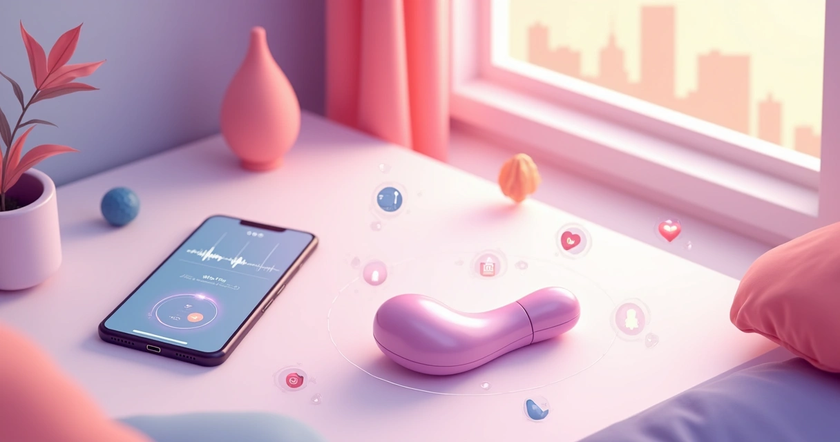 Vibrador controlado por app ao lado de smartphone com ilustração discreta de conexão tecnológica 
