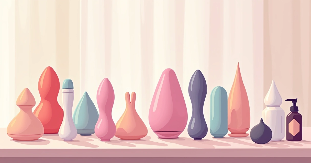 Ilustração corporativa plana de diferentes modelos de vibradores organizados sobre uma mesa, acompanhados de acessórios e embalagem discreta, com fundo neutro e tons suaves 