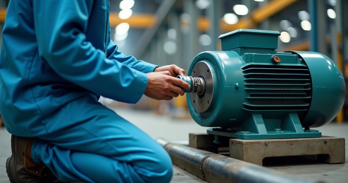 Technician attaching vibration sensor to industrial motor 