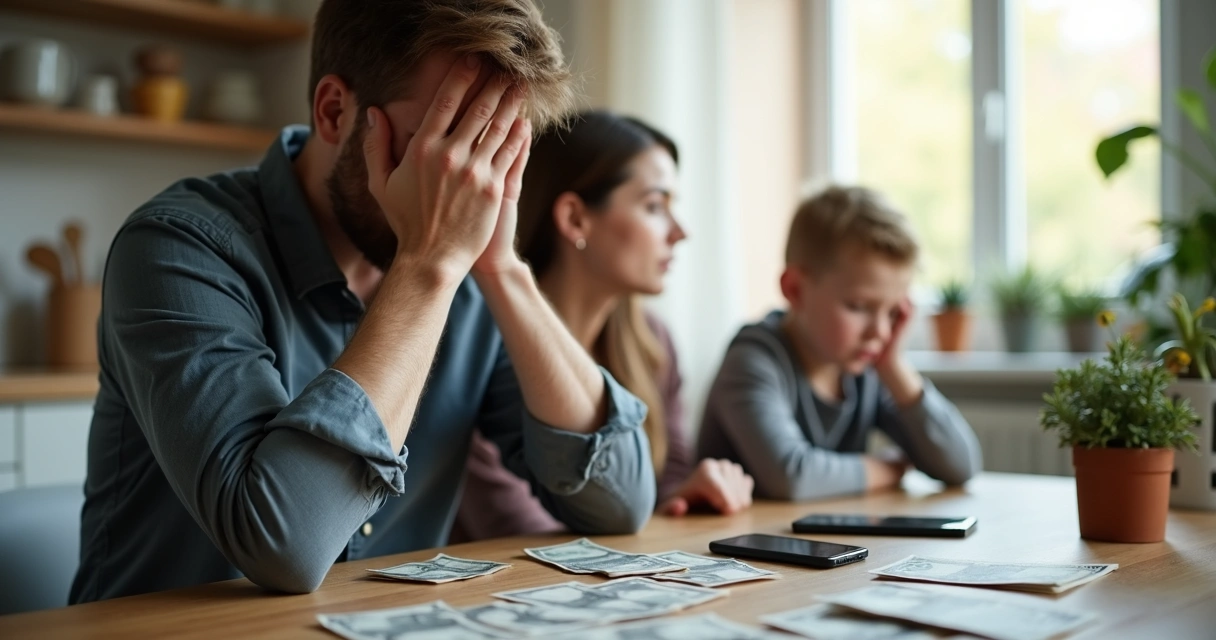 Homem frustrado olhando contas em uma mesa, família ao fundo preocupada