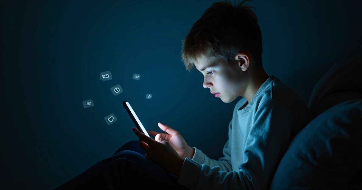 Pessoa olhando fixamente para tela de smartphone em ambiente escuro 