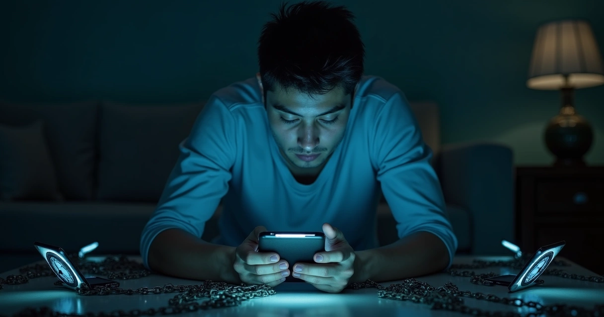 Jovem sentado em sala escura rodeado de telas de celulares, olhando distraído.