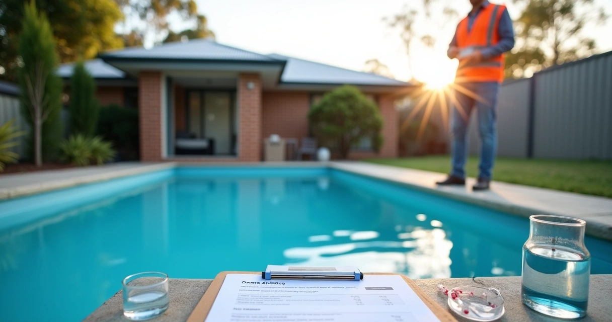 Victorian pool inspector checking chlorine levels at suburban pool 