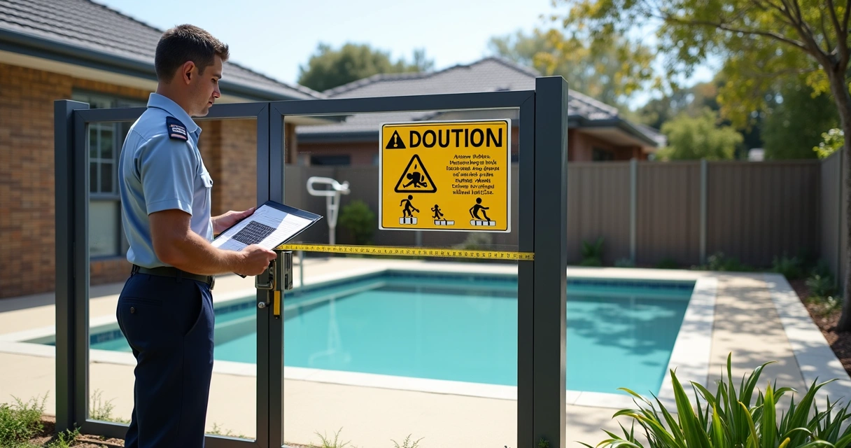 Pool safety inspector checking backyard fence with safety signage and measuring tool 