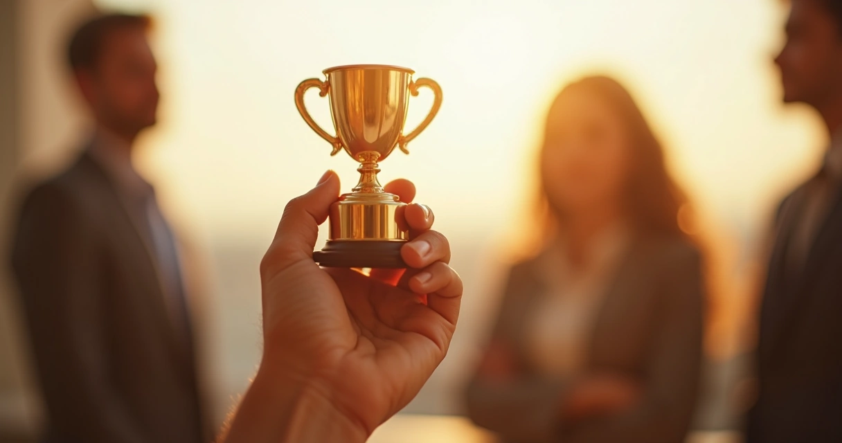 Mano levantando un trofeo pequeno sobre fondo desenfocado claro
