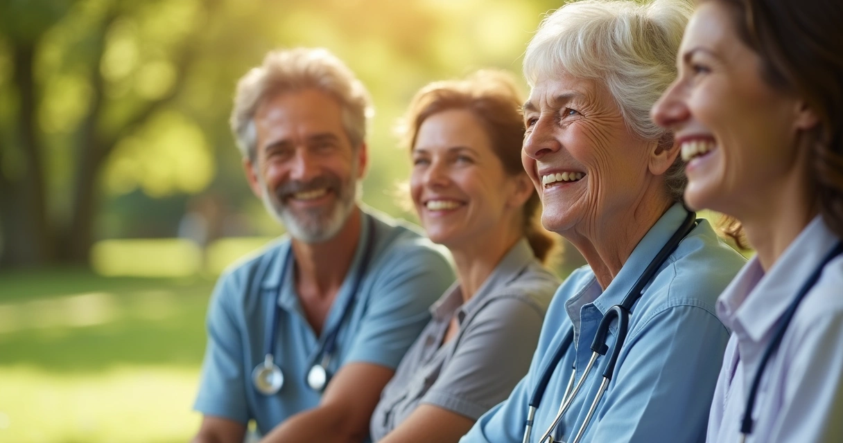 Grupo de pessoas sorrindo em parque após tratamento médico. 