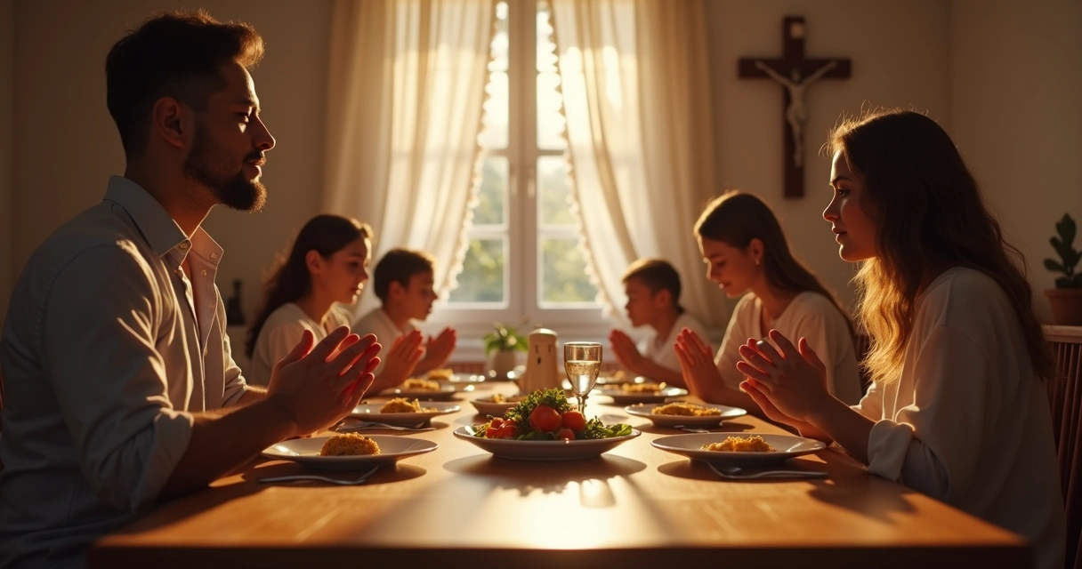 Família católica rezando e vivendo a fé no cotidiano. 
