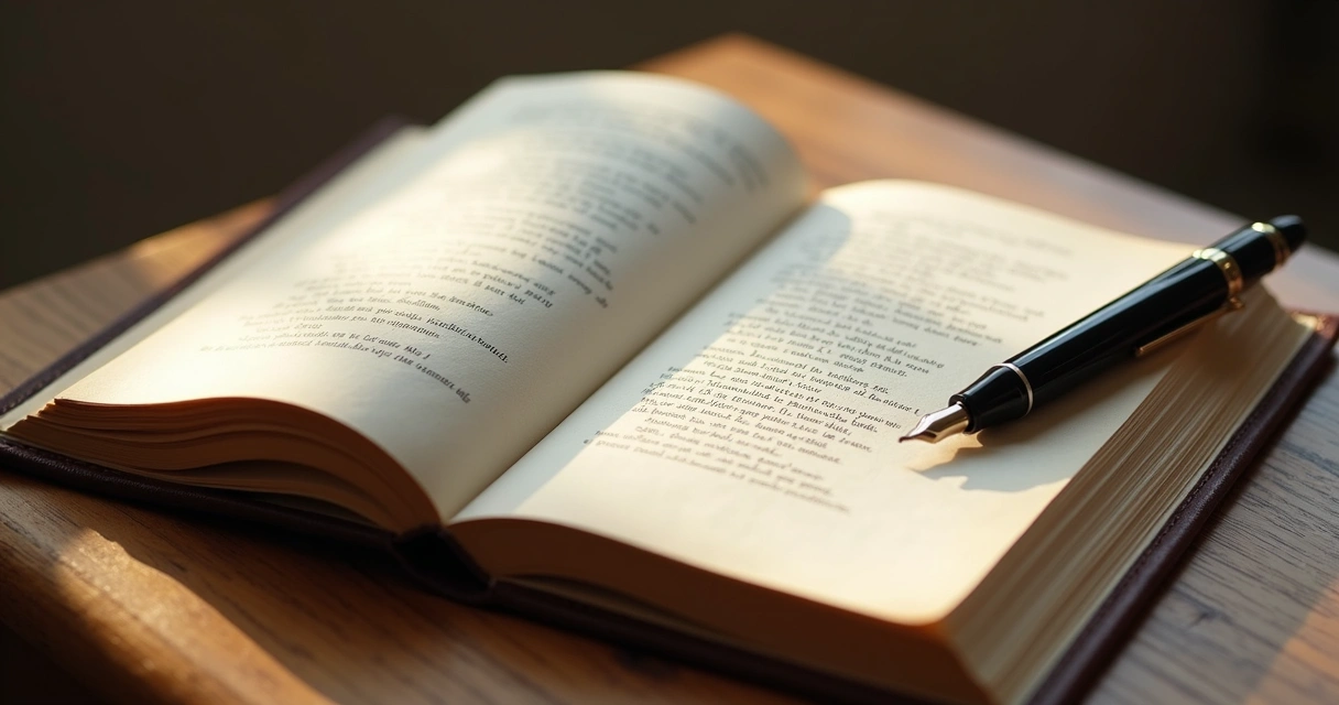 Página aberta de livro com poema, ao lado uma caneta sobre mesa de madeira clara e luz suave natural 