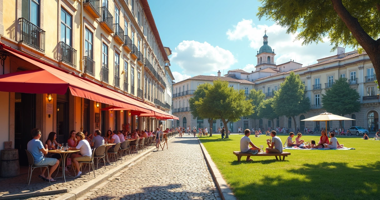 Cena de lazer em Portugal com pessoas andando em rua charmosa e cena de lazer no Brasil em parque urbano 