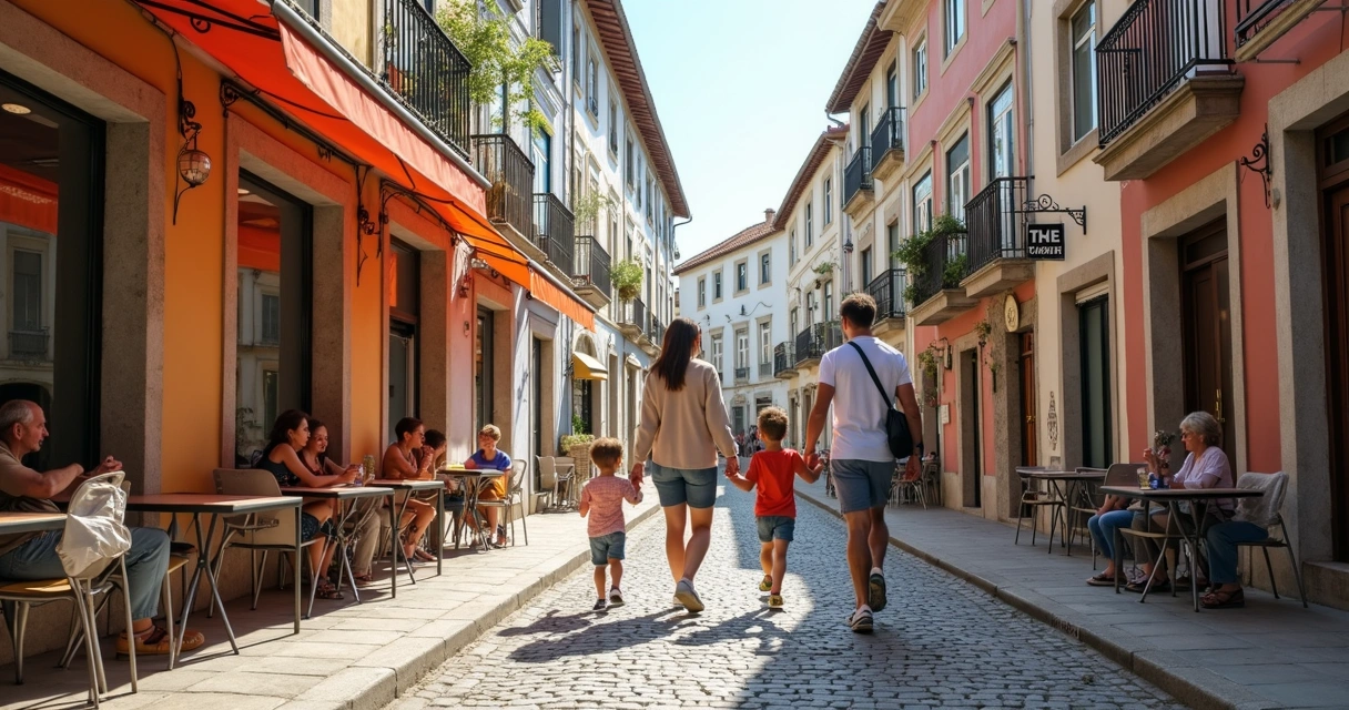 Família caminhando em rua comercial em Portugal 