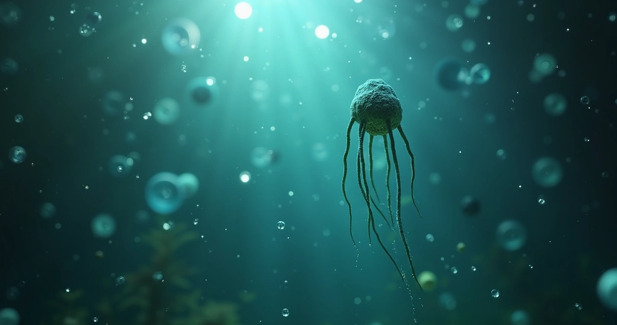 Representação artística de possível vida microscópica em ambiente aquático alienígena 