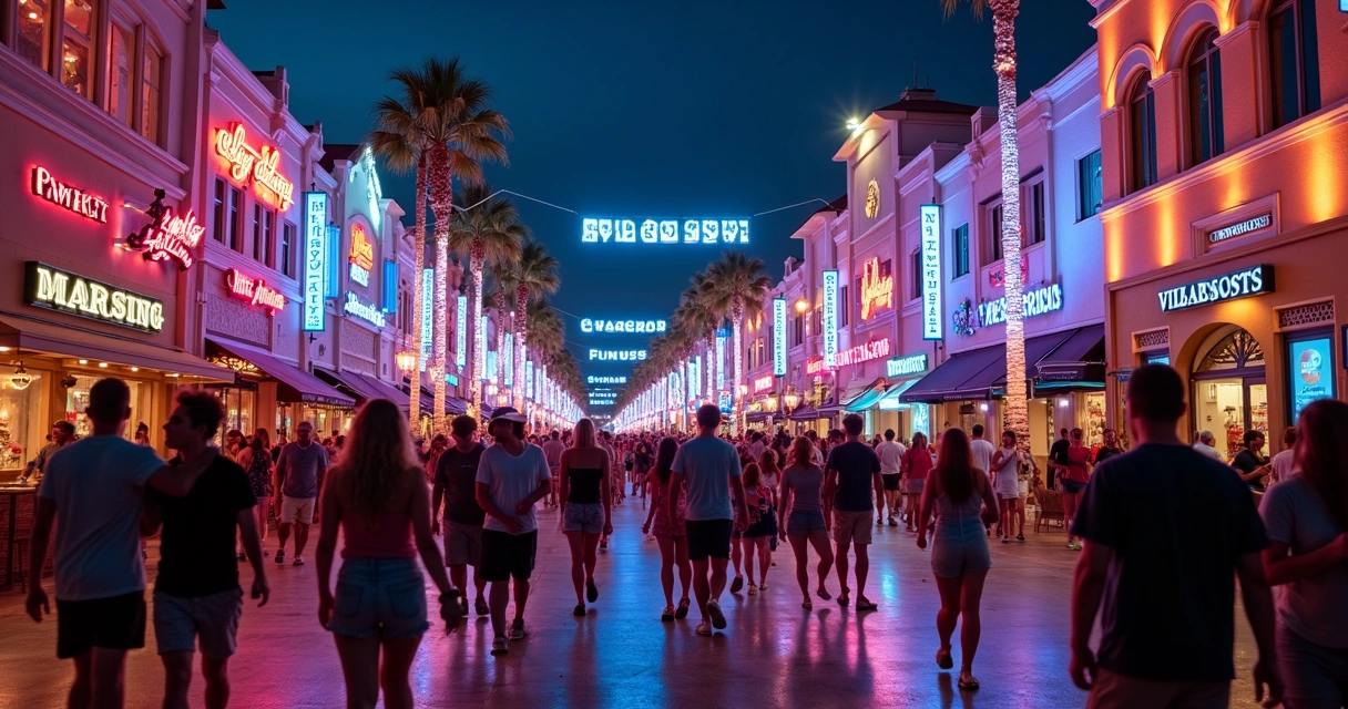 Pessoas caminhando sob luzes coloridas no CityWalk à noite 