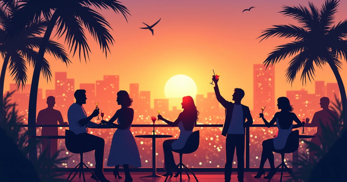 Rooftop bar animado em Miami durante o pôr do sol 