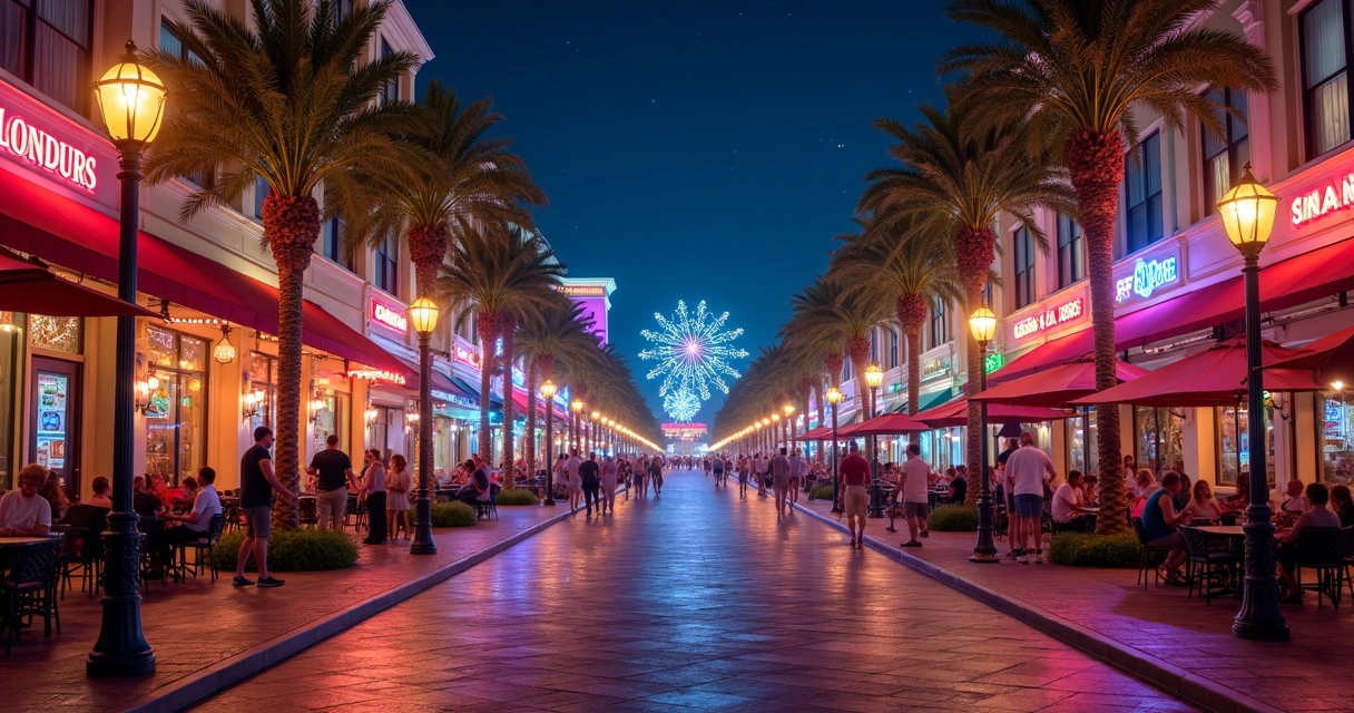 Vista noturna urbana com luzes de bares e restaurantes em Orlando