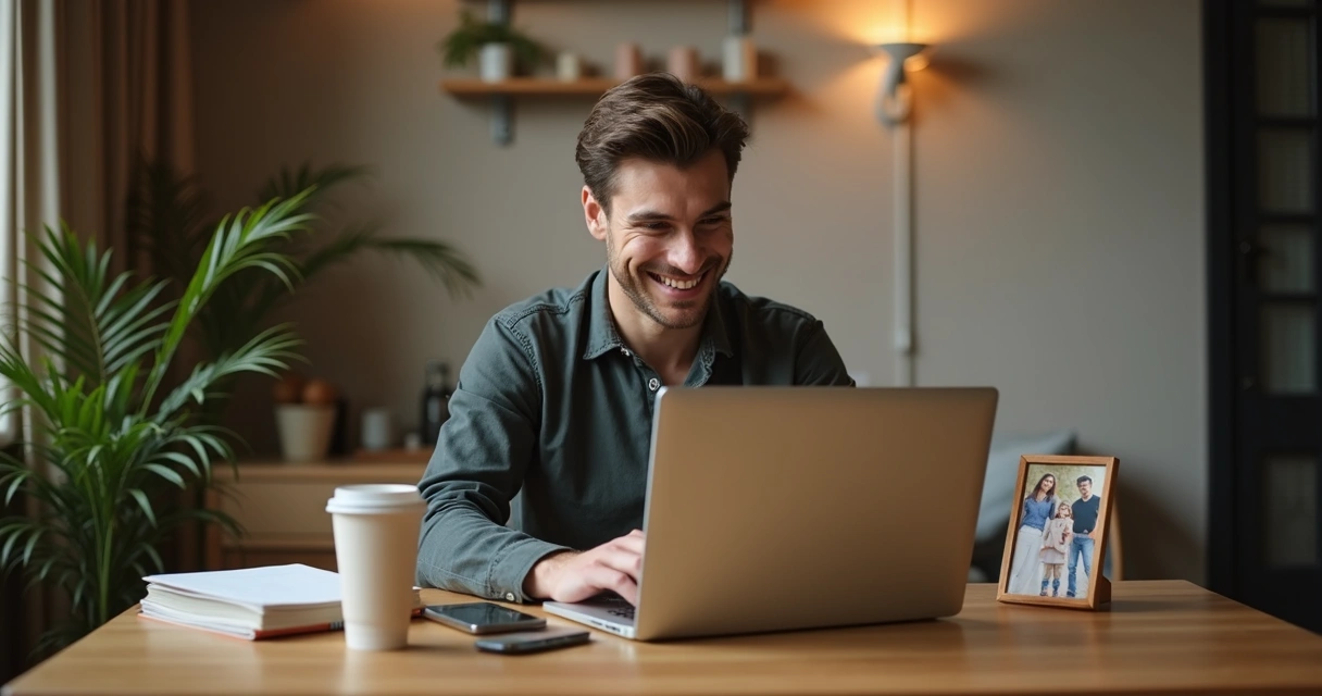 Homem sentado com notebook à mesa, com objetos pessoais e de trabalho misturados 