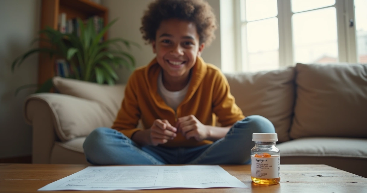 Jovem sorrindo sentado, medicamentos ao lado e papéis do INSS 